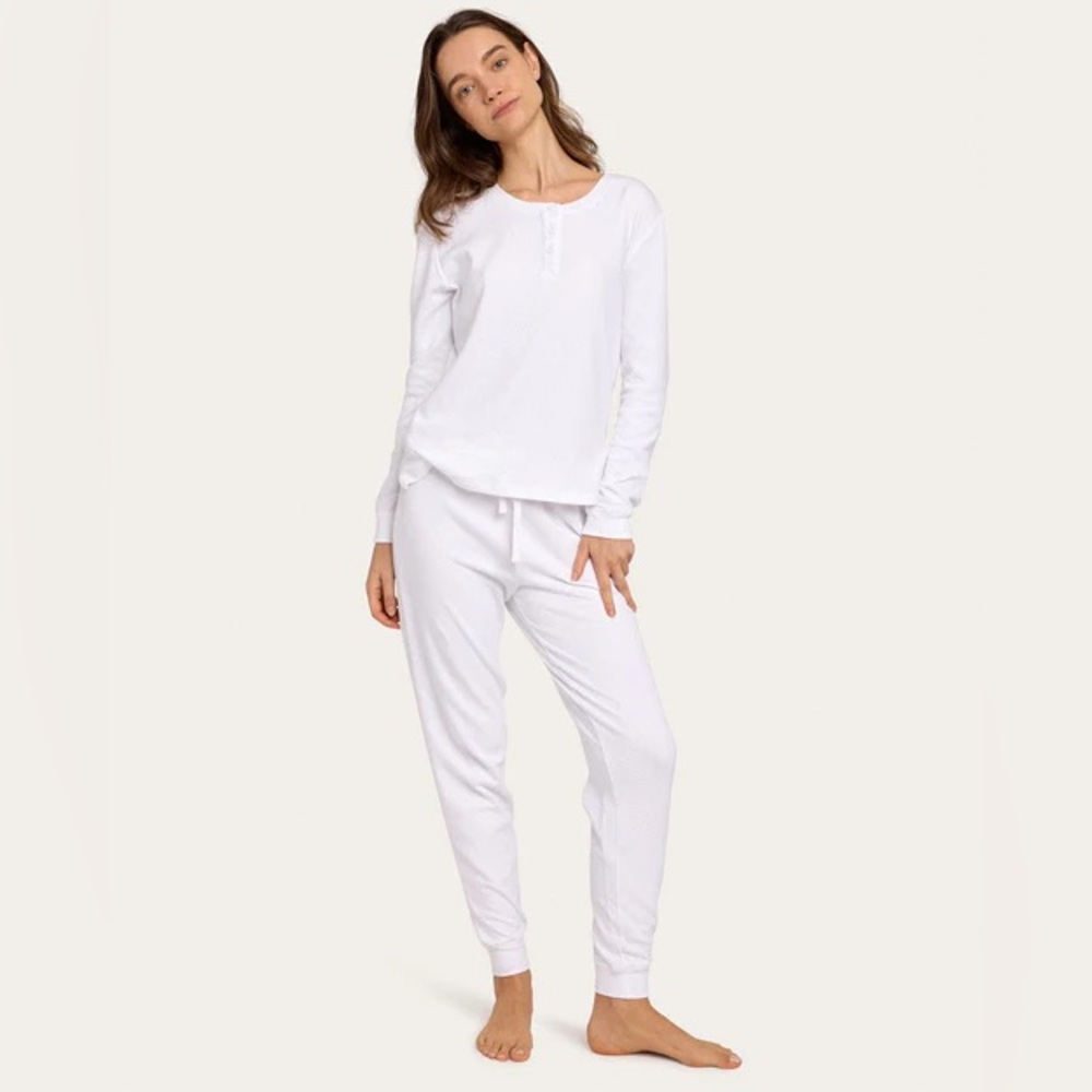 Women's White Long-Sleeve Henley Pajama Set